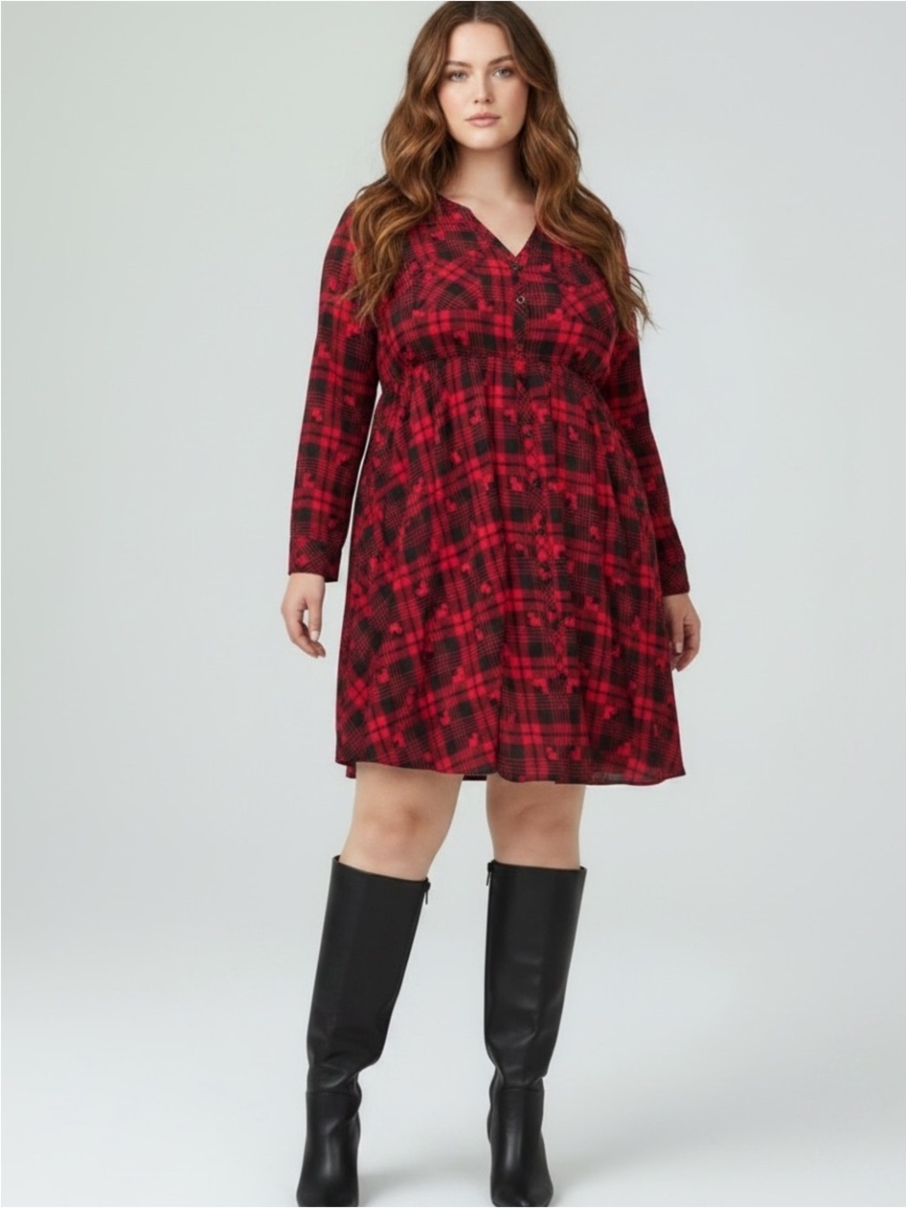 Torrid 2X Disney Red and Black Plaid Long-Sleeve Button Dress